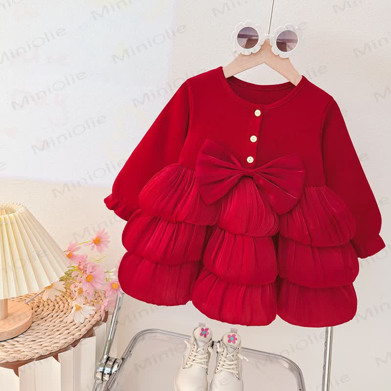 Baby Toddler Girl Bow Waist Tiered Tulle Dress - Red Long Sleeve - 30-36M - image 2