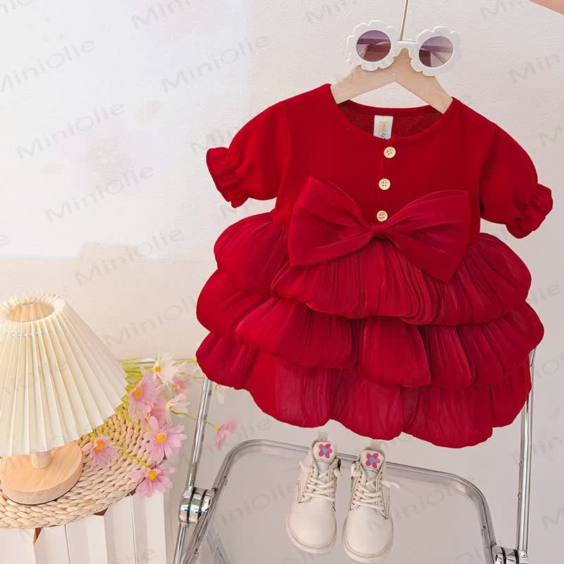 Baby Toddler Girl Bow Waist Tiered Tulle Dress - Red Short Sleeve - 30-36M - image 4