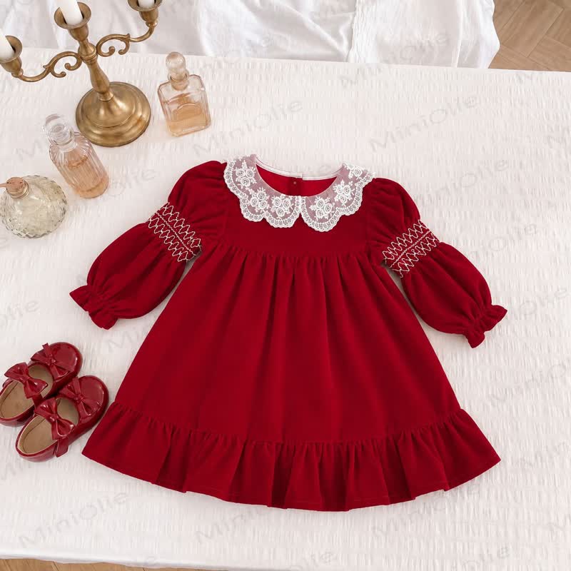 Baby Toddler Girl Red Velvet Lace Collar Christmas Dress - Red - 6-7T - image 2