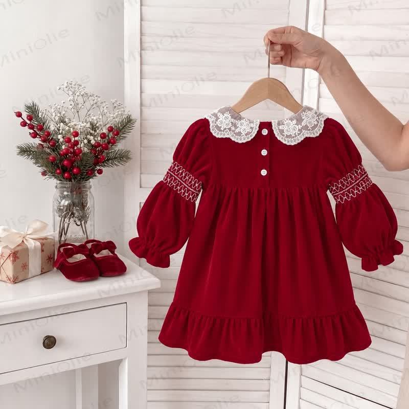 Baby Toddler Girl Red Velvet Lace Collar Christmas Dress - image 3