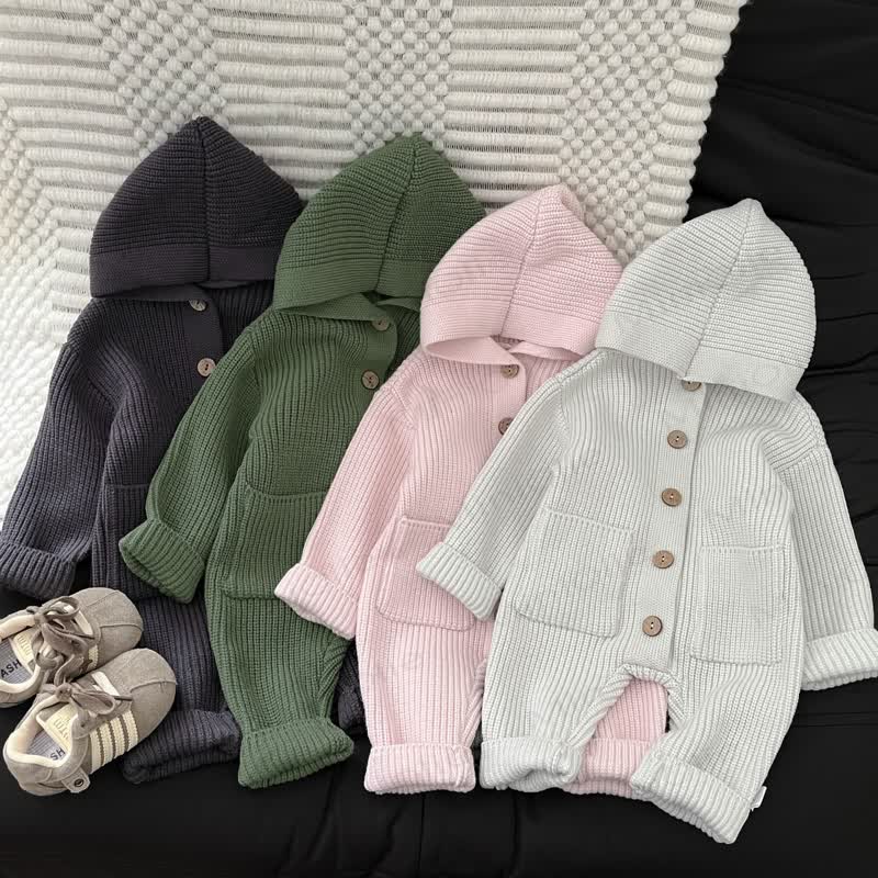 Baby Solid Color Hooded Knit Romper - image 1