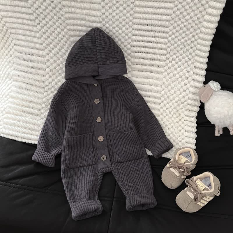 Baby Solid Color Hooded Knit Romper - Gray - 2-3T - image 2