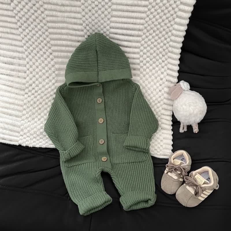 Baby Solid Color Hooded Knit Romper - Green - 2-3T - image 4