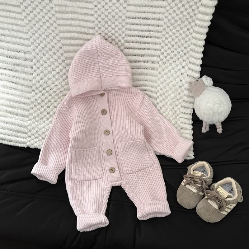 Baby Solid Color Hooded Knit Romper - Pink - 2-3T - image 6