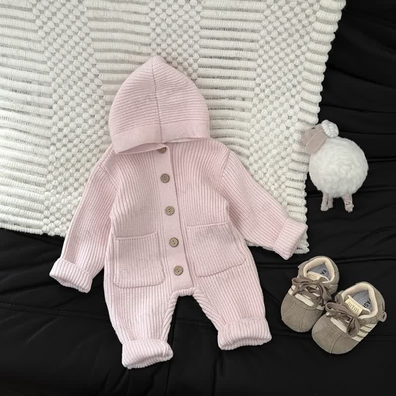 Baby Solid Color Hooded Knit Romper - Pink - 2-3T - image 6