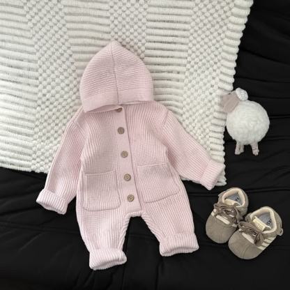 Baby Solid Color Hooded Knit Romper - Pink - 2-3T - image 6