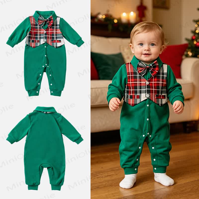 Baby Christmas Plaid Bow Tie Collared Romper - image 4
