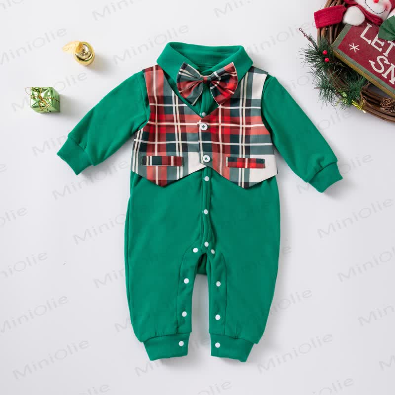 Baby Christmas Plaid Bow Tie Collared Romper - Green - 12-18M - image 1