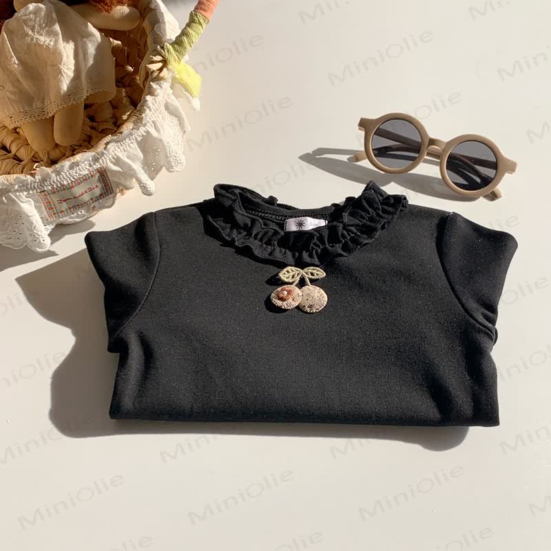 Toddler Girl Cherry Ruffle Collar Long Sleeve Tee - Black - 8-9T - image 3