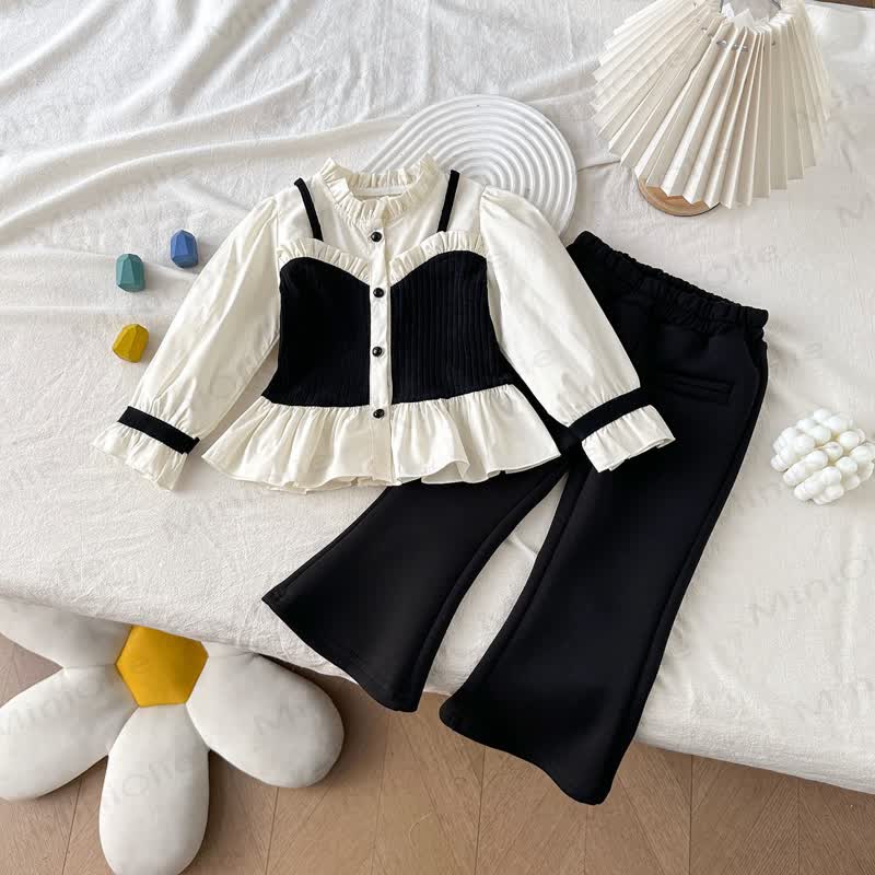 Toddler Girl Ruffle Blouse and Flare Pants 2-piece Set - Black - 10-11T - image 1