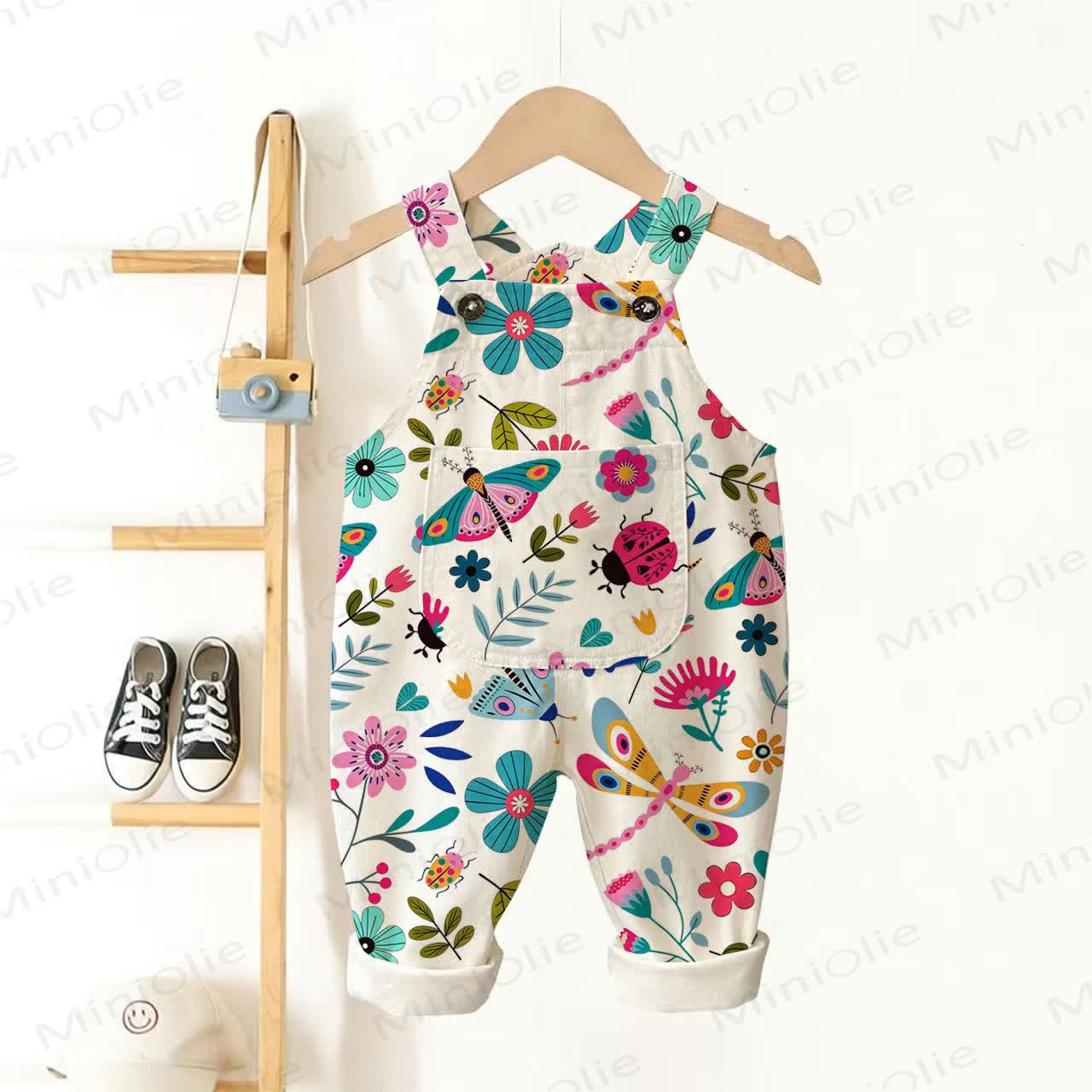 Baby Toddler Flower Insect Print Overalls  - Beige - 3-5T - image 1