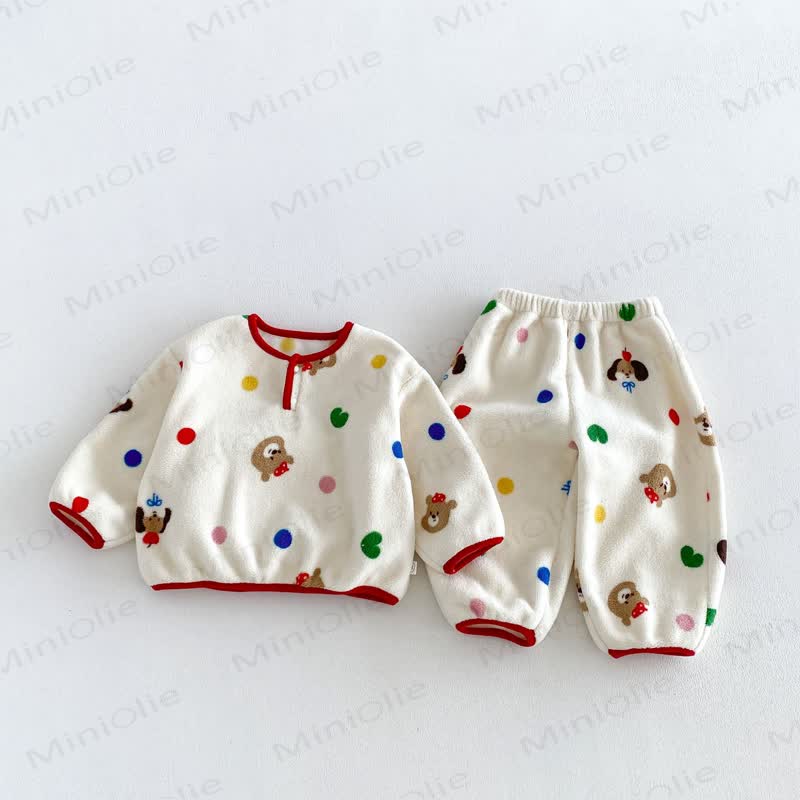 Baby Toddler Animal/Flower Print Plush Loungewear 2-piece Set - Beige Dot - 6-7T - image 1