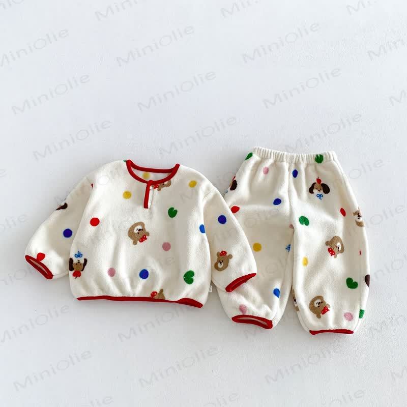 Baby Toddler Animal/Flower Print Plush Loungewear 2-piece Set - Beige Dot - 6-7T - image 1