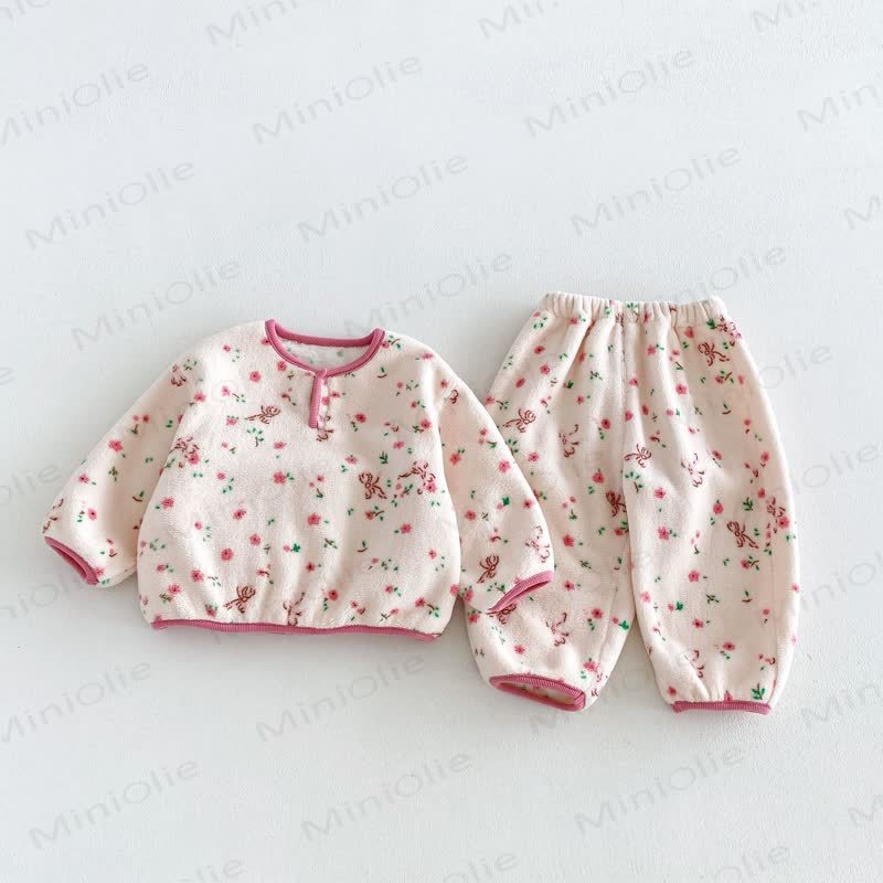 Baby Toddler Animal/Flower Print Plush Loungewear 2-piece Set - Pink Flower - 6-7T - image 3