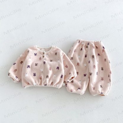Baby Toddler Animal/Flower Print Plush Loungewear 2-piece Set - Pink Bunny - 4-5T - image 4