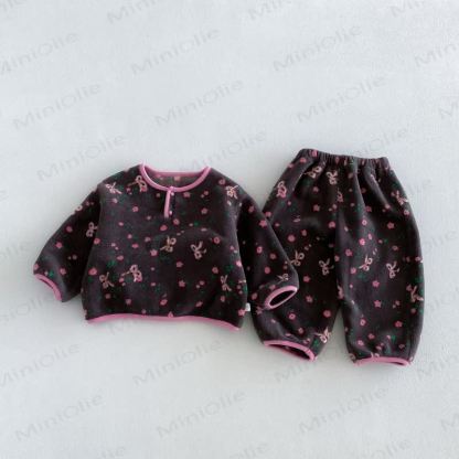 Baby Toddler Animal/Flower Print Plush Loungewear 2-piece Set - Gray Flower - 6-7T - image 2
