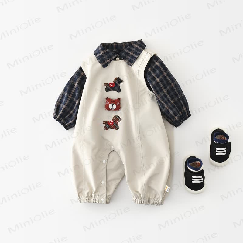 Baby Toddler Navy Plaid Shirt or Bear Patch Overalls - image 1