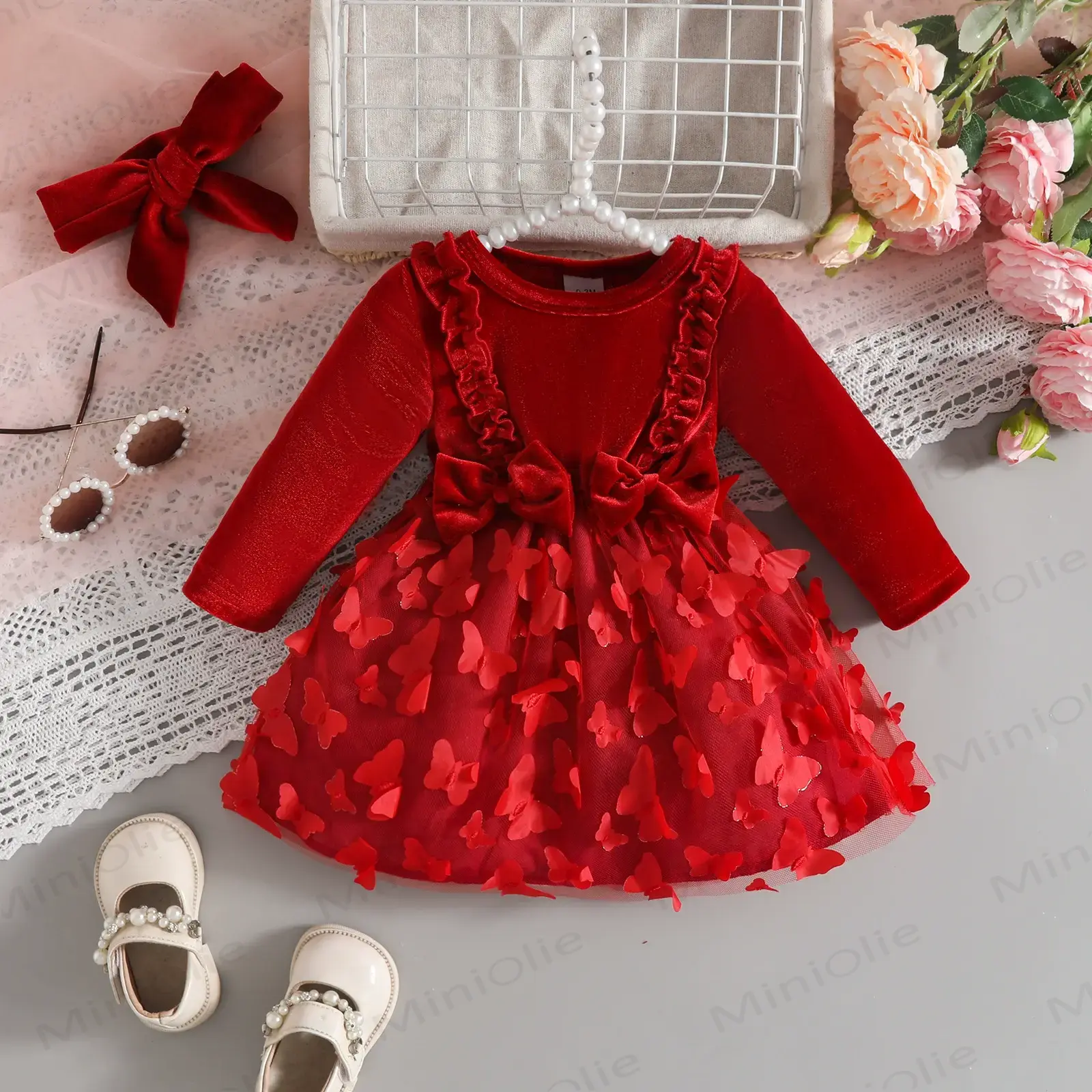 Baby Girl Velvet Butterfly Tulle Dress - Red - 12-18M - image 1