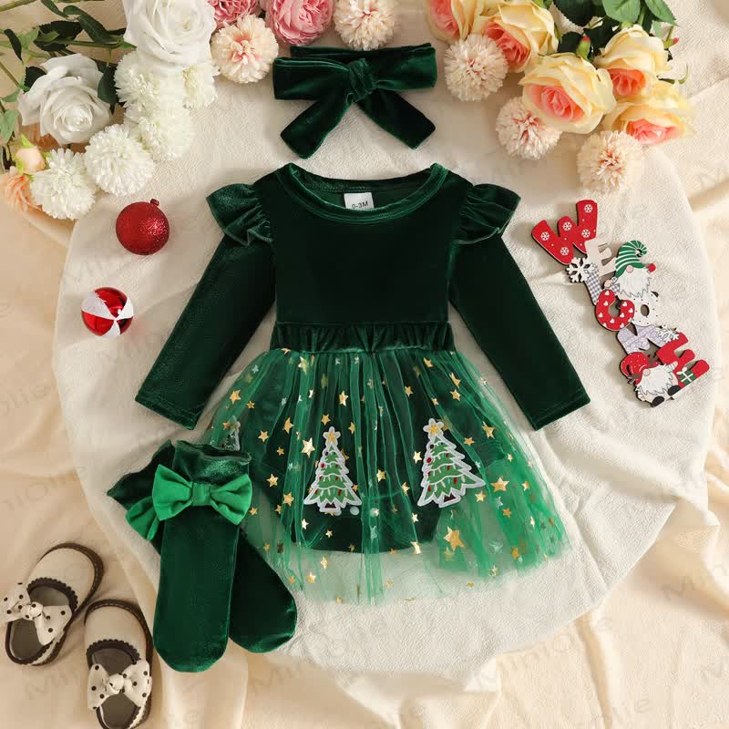 Baby Girl Velvet Tulle Dress with Headband and Socks - Green - 12-18M - image 2