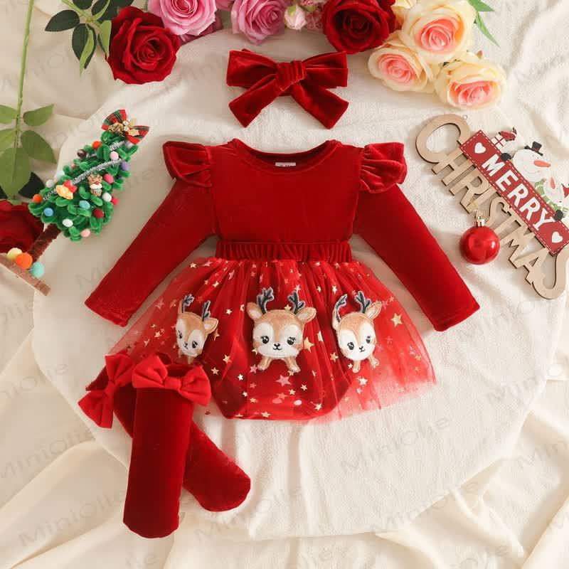 Baby Girl Velvet Tulle Dress with Headband and Socks - Red Deer - 12-18M - image 3