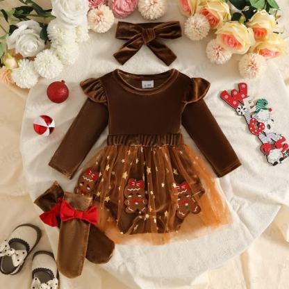 Baby Girl Velvet Tulle Dress with Headband and Socks - Brown - 12-18M - image 4