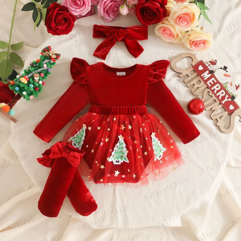 Baby Girl Velvet Tulle Dress with Headband and Socks - Red Tree - 12-18M - image 5