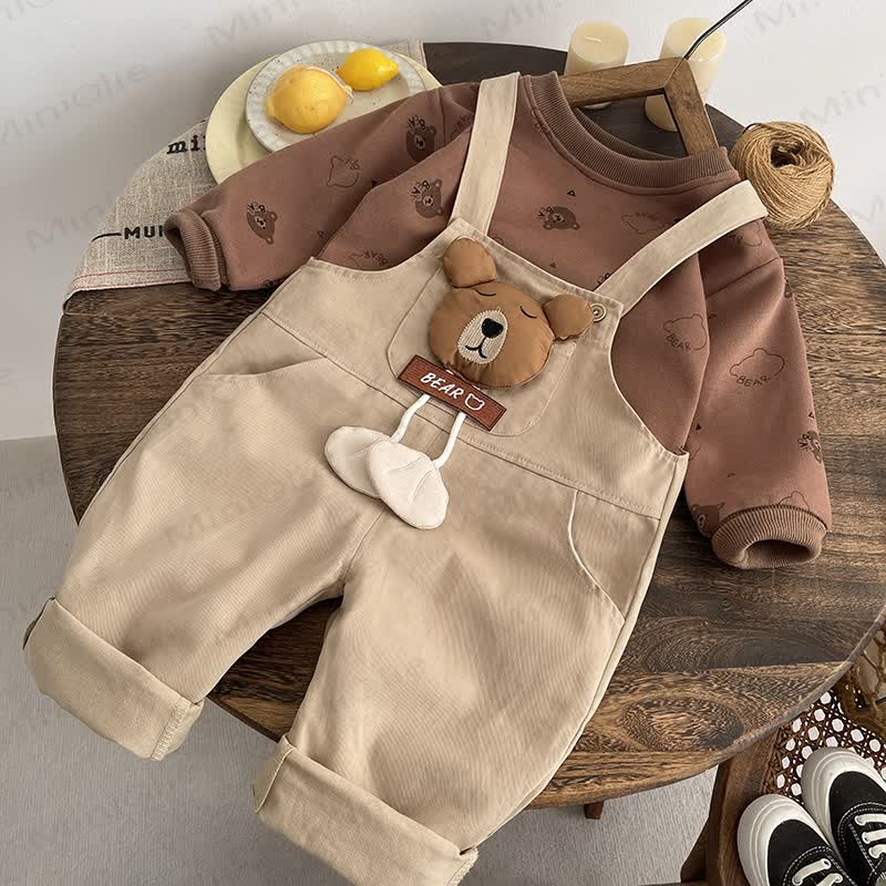 Baby Toddler Boy Bear Patch Sweatshirt and Overalls 2-piece Set - Brown - 3-4T - image 1