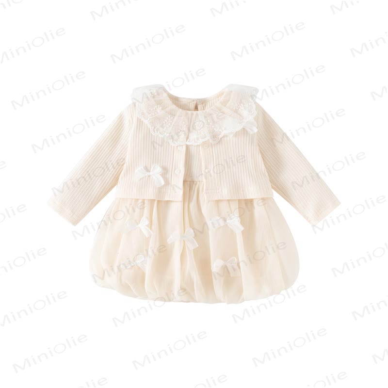 Baby Girl Lace Collar Bow Tulle Dress - Beige - 2-3T - image 2
