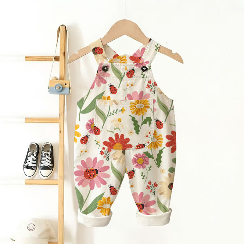 Baby Toddler Flower Ladybug Pocket Overalls - Beige - 3-5T - image 1