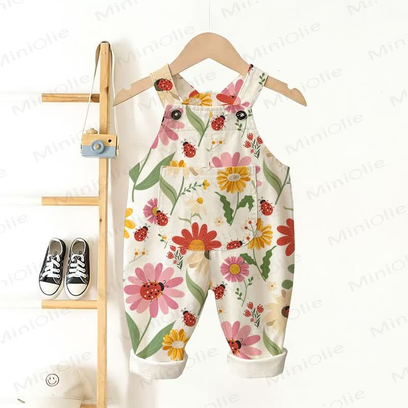 Baby Toddler Flower Ladybug Pocket Overalls - Beige - 3-5T - image 1