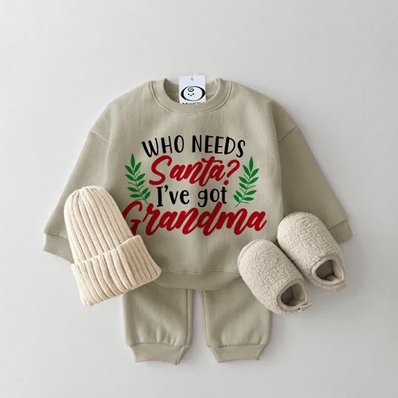WHO NEEDS SANTA? I'VE GOT GRANDMA Baby Grey Green Sweatshirt 2-piece Set - Grey Green - 2-3T - image 1