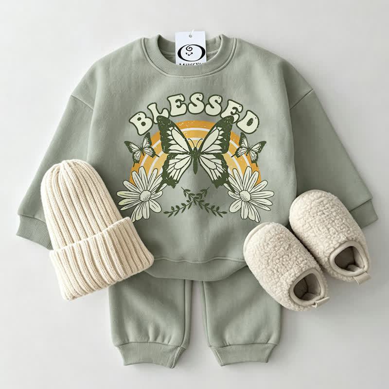 BLESSED Baby Butterfly and Flower Grey Green Sweatshirt 2-piece Set - Grey Green - 2-3T - image 1