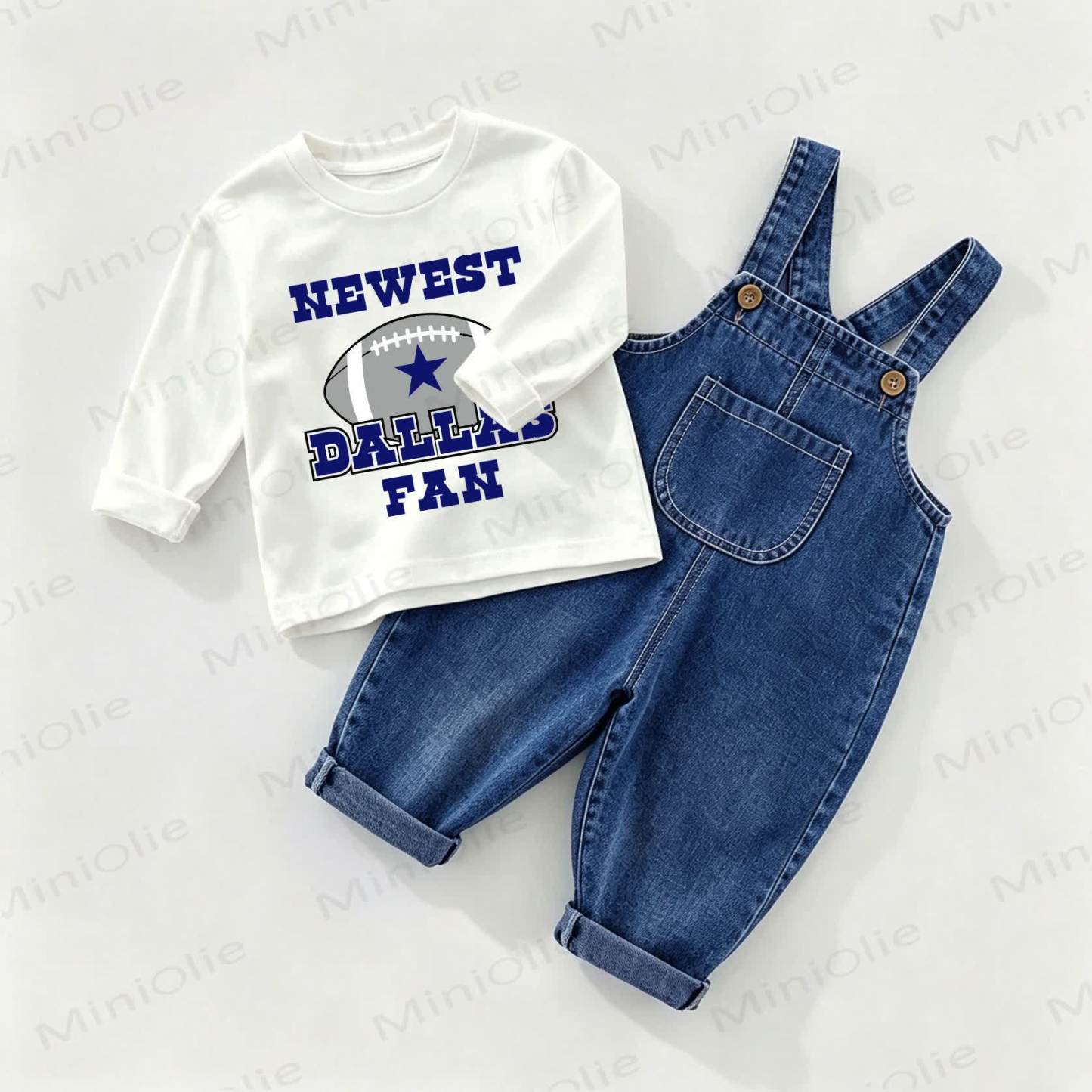 NEWEST DALLSA FAN Baby Rugby Football Denim Overalls and Tee 2-piece Set - White&Blue - 2-3T - image 1