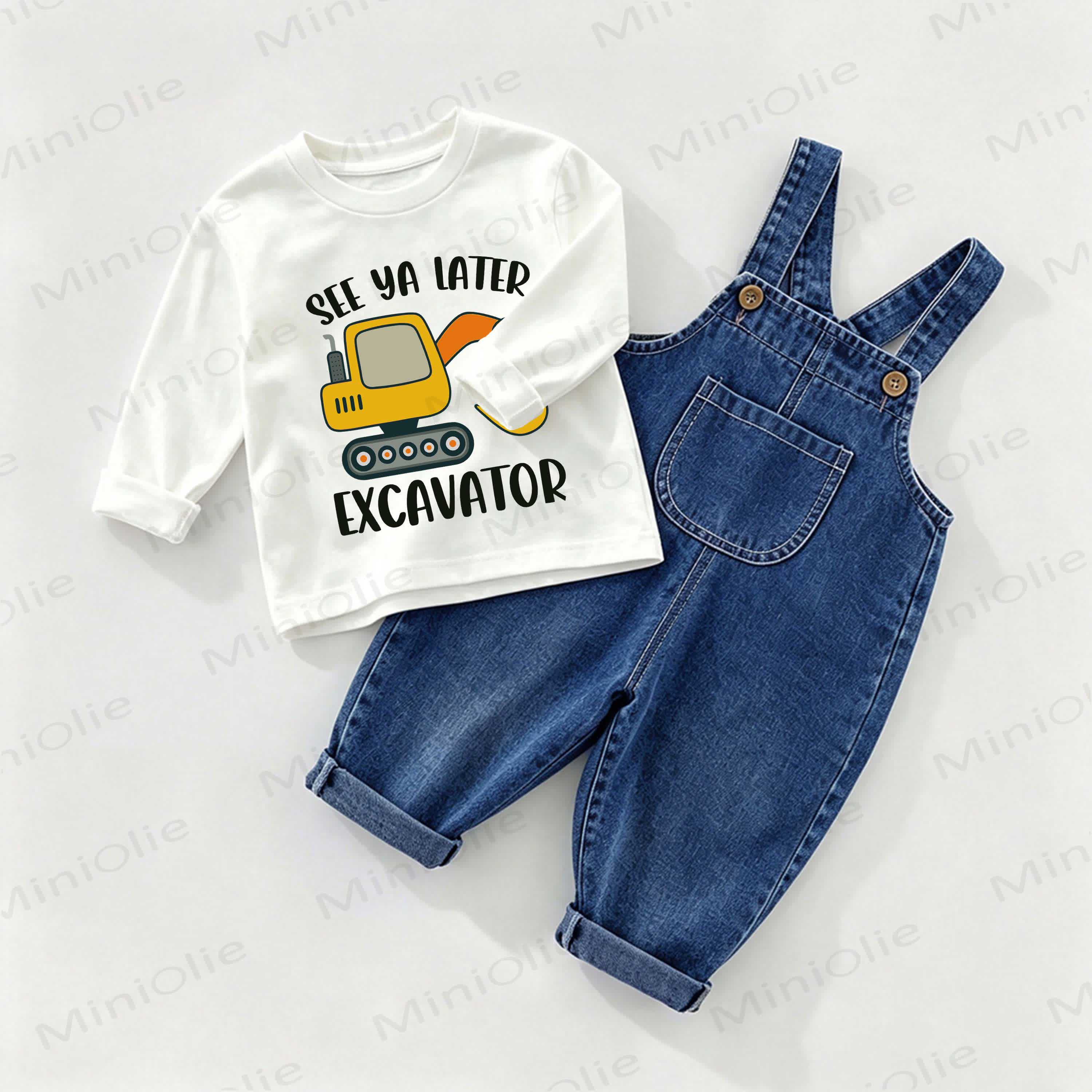 SEE YA LATER EXCAVATOR Baby Excavator Denim Overalls and Tee 2-piece Set - White&Blue - 2-3T - image 1