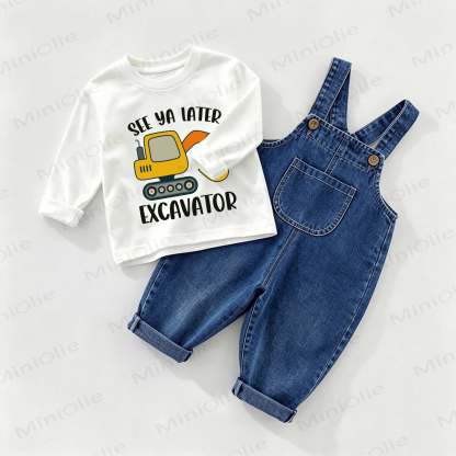 SEE YA LATER EXCAVATOR Baby Excavator Denim Overalls and Tee 2-piece Set - White&Blue - 2-3T - image 1