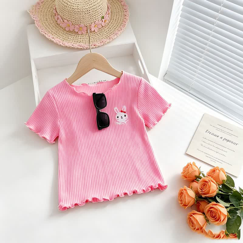 Toddler Baby Girl Ribbed Animal Embroidered Ruffle Trim T-Shirt - Pink - 4-5T - image 3