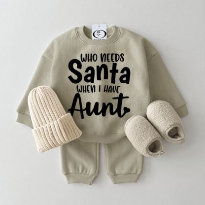 WHO NEEDS SANTA WHEN I HAVE AUNT Baby Sweatshirt 2-piece Set - Grey Green - 2-3T - image 2