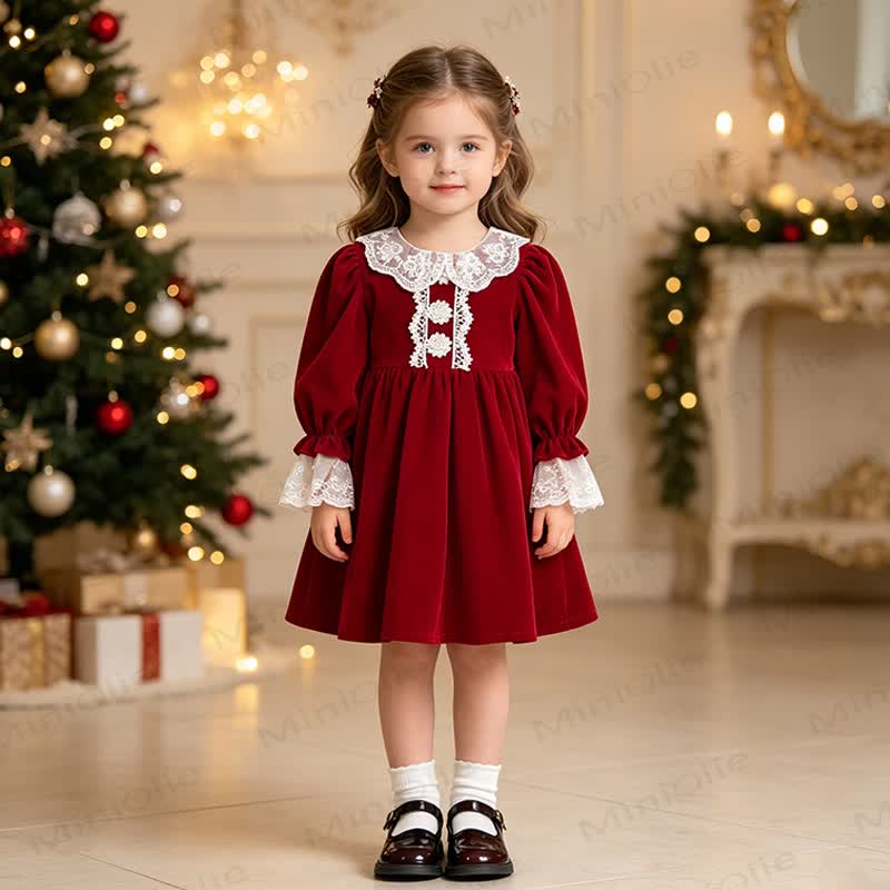 Toddler Girl Velvet Lace Collar Long Sleeve Dress - image 1