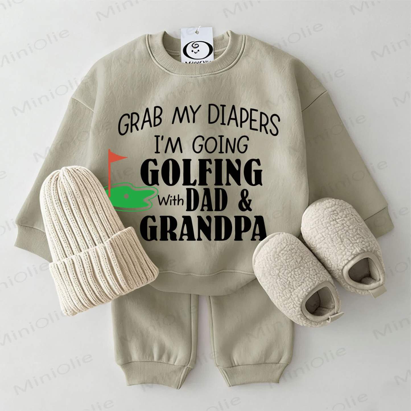 GRAB MY DIAPERS I'M GOING GOLFING WITH DAD & GRANDPA Baby Green Sweatshirt 2-piece Set - Grey Green - 2-3T - image 1