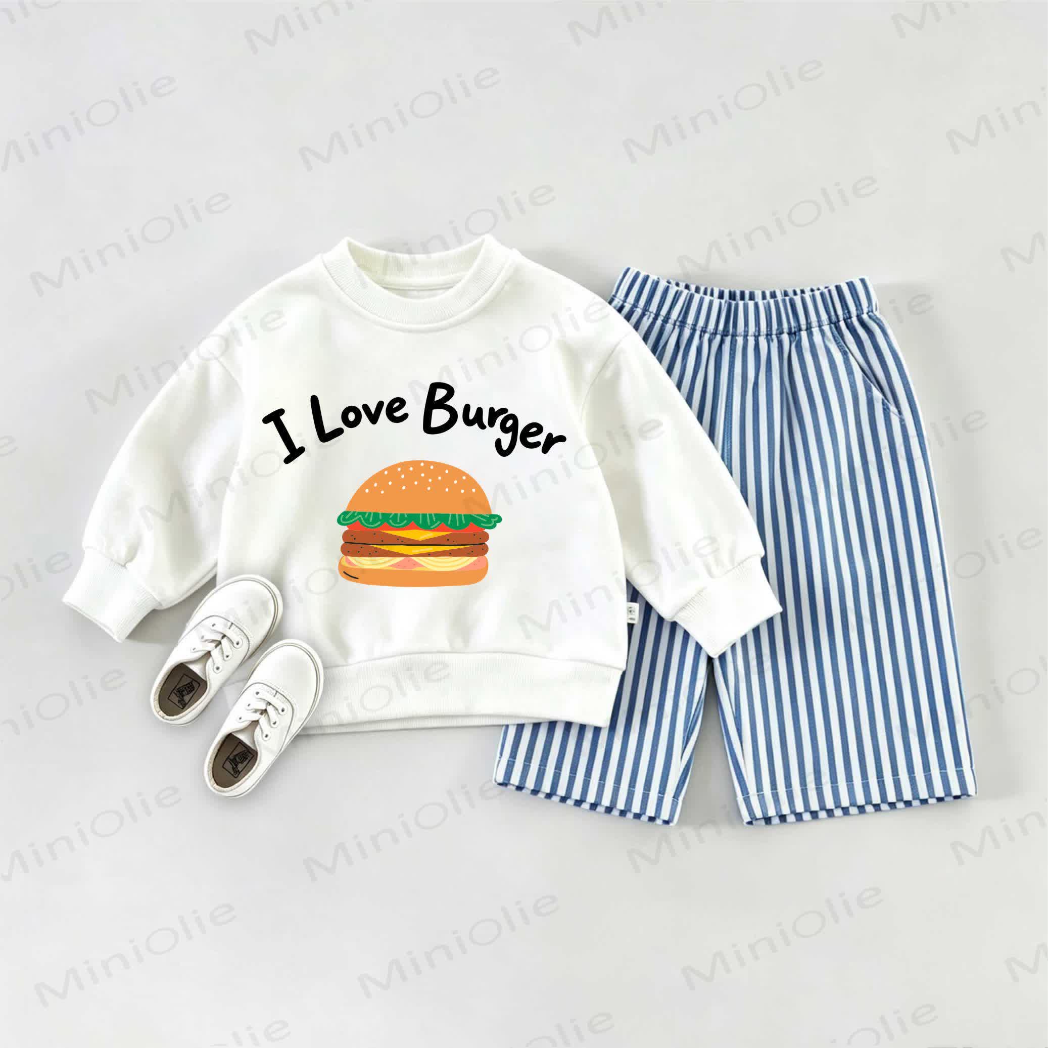 I LOVE BURGER Baby Burger Sweatshirt and Striped Pants Set - White&Blue - 2-3T - image 1