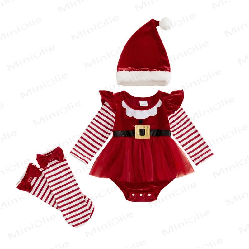 Baby Christmas Velvet Tulle Skirted Bodysuit Hat and Socks - image 3