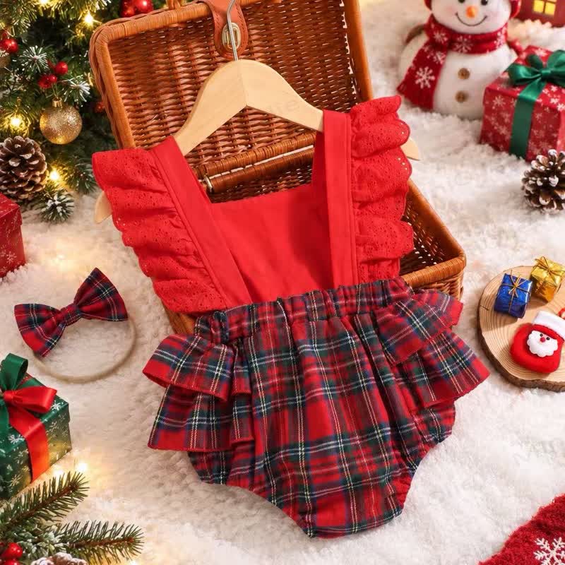 Baby Christmas Plaid Ruffle Bodysuit with Headband - image 2
