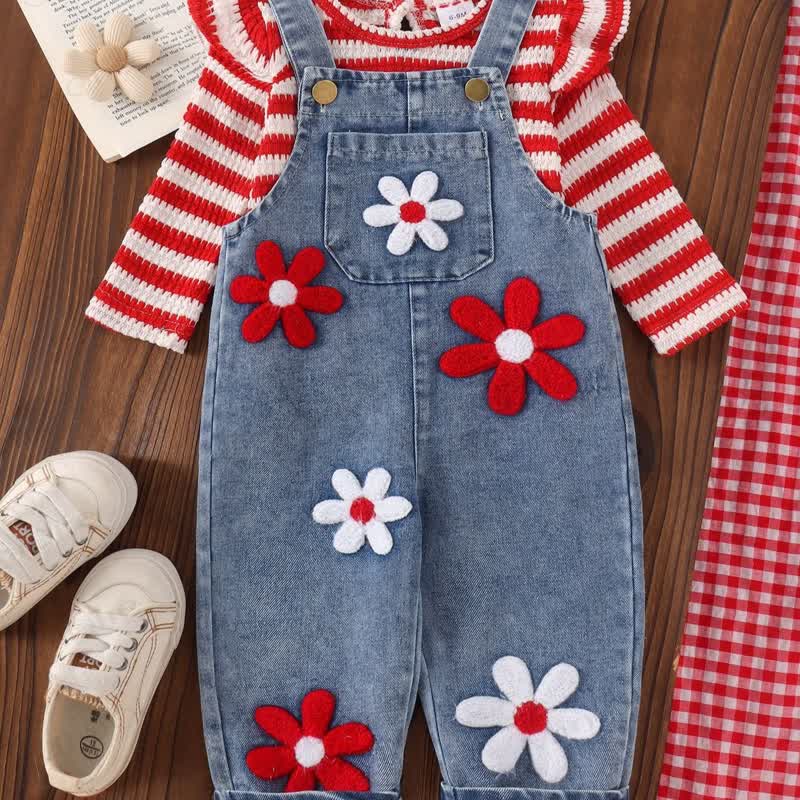 Baby Girl Stripe Top and Floral Denim Overalls 2-piece Set - image 1