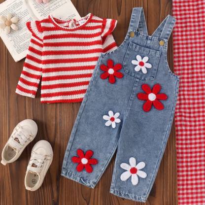 Baby Girl Stripe Top and Floral Denim Overalls 2-piece Set - Red - 2-3Y - image 2