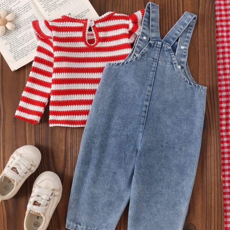 Baby Girl Stripe Top and Floral Denim Overalls 2-piece Set - image 3