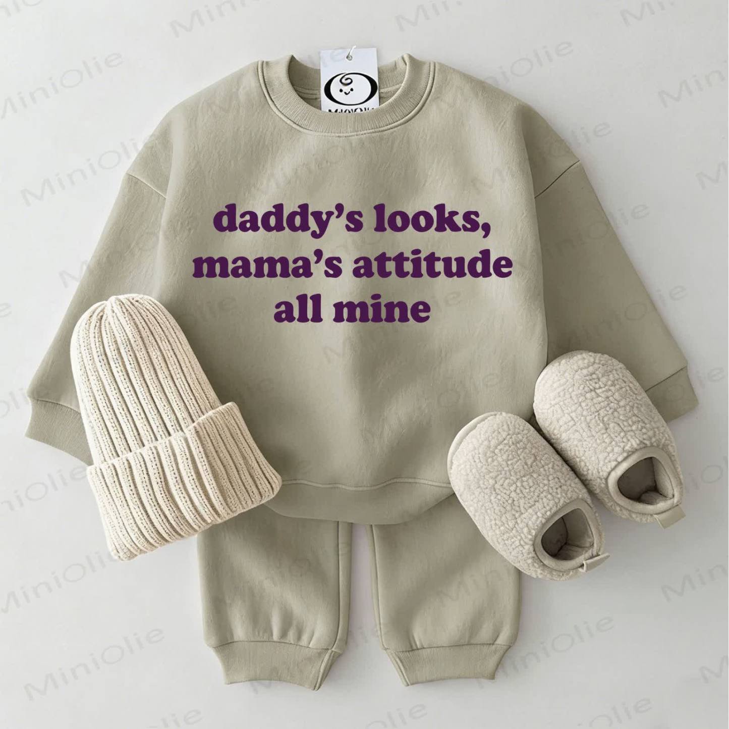 DADDY'S LOOKS, MAMA'S ATTITUDE ALL MINE Baby Green Sweatshirt 2-piece Set - Grey Green - 2-3T - image 1