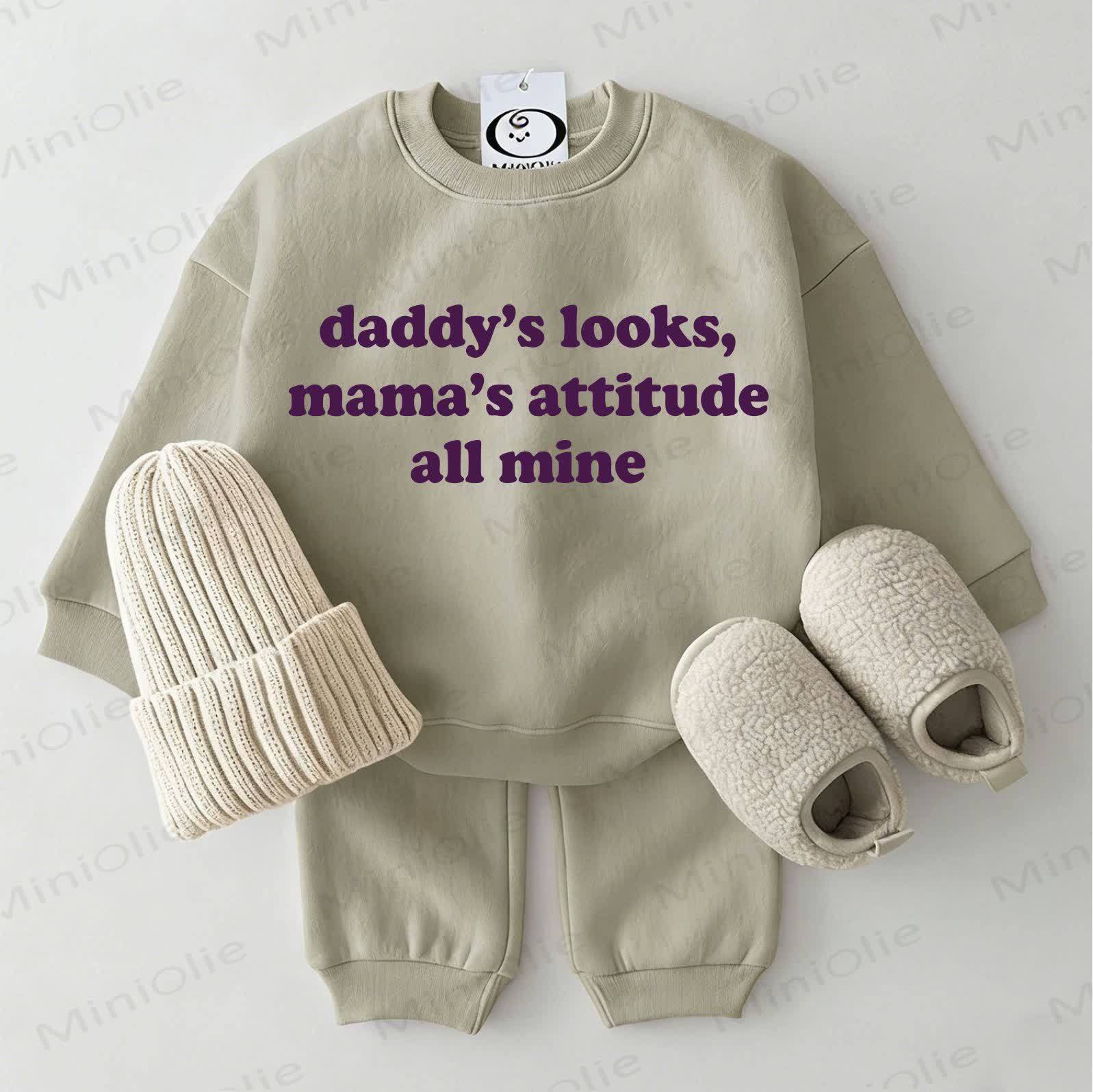 DADDY'S LOOKS, MAMA'S ATTITUDE ALL MINE Baby Green Sweatshirt 2-piece Set - Grey Green - 2-3T - image 1
