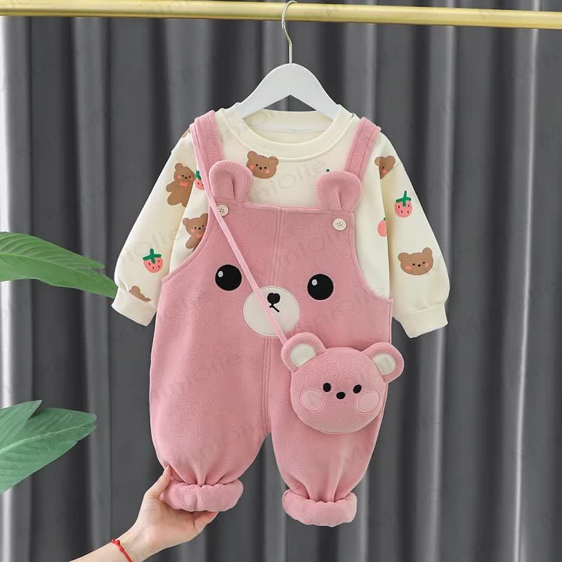 Baby Girl Fleece Printed Top and Bear Overalls Set with Bag - Pink - 3-4T - image 2