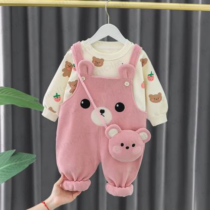Baby Girl Fleece Printed Top and Bear Overalls Set with Bag - Pink - 3-4T - image 2