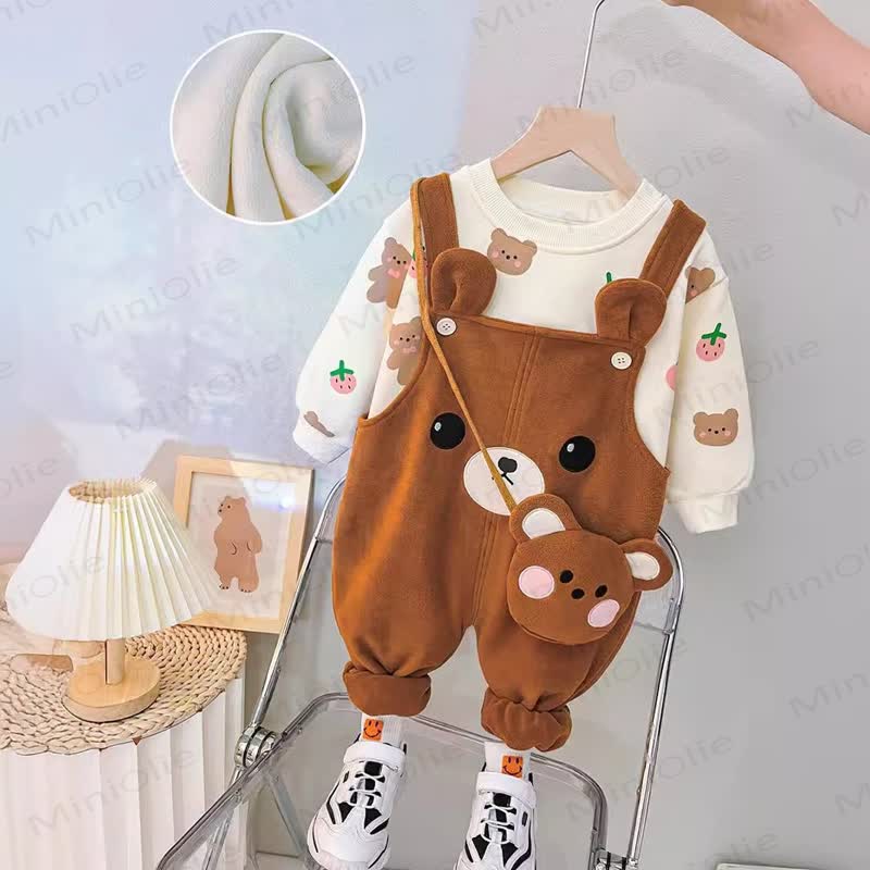 Baby Girl Fleece Printed Top and Bear Overalls Set with Bag - Brown - 3-4T - image 3